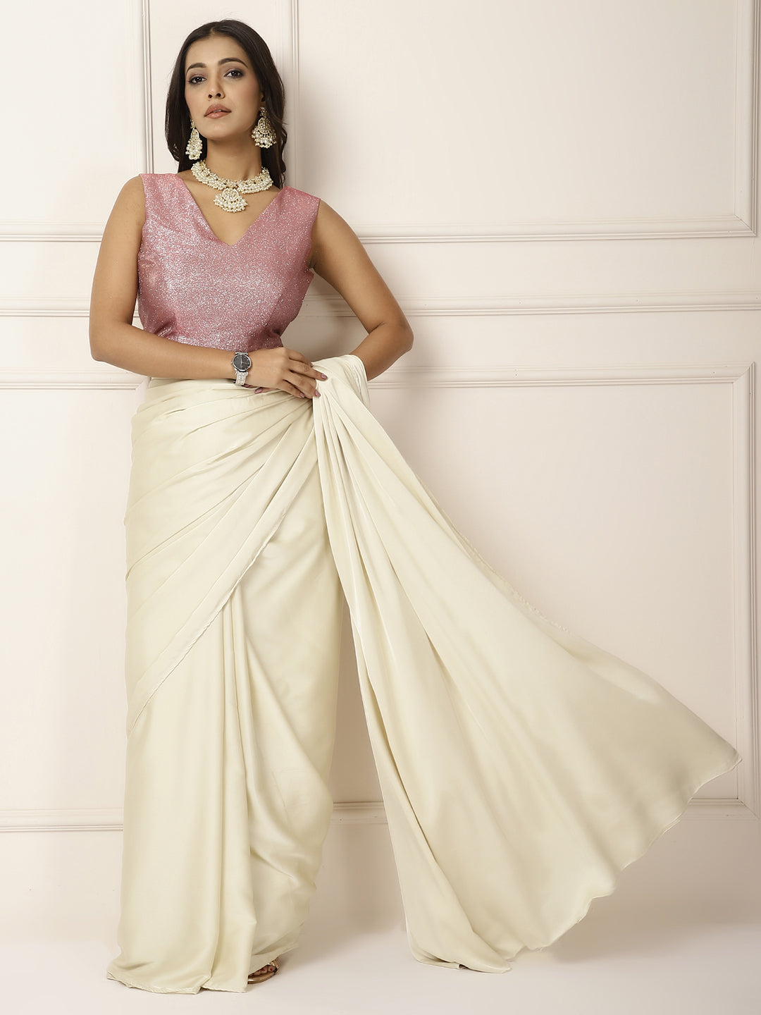 Power Dressing- moonlit creme Saree- One Saree with 2 Blouse Peices