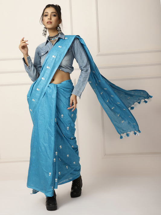 Linen silk sarees with beautiful white embroidery