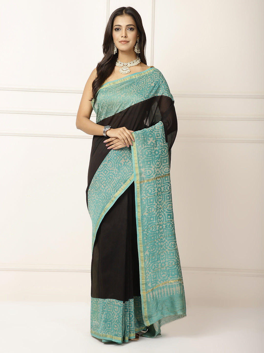 Chanderi Saree- Black with ferozi border