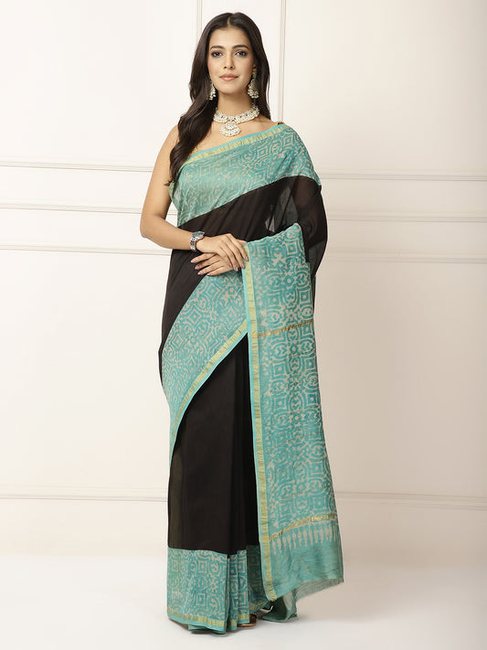 Chanderi Saree- Black with ferozi border