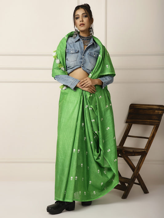 Linen silk sarees with beautiful white embroidery