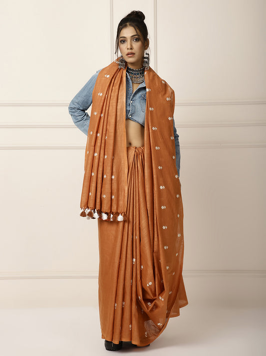 Linen silk sarees with beautiful white embroidery