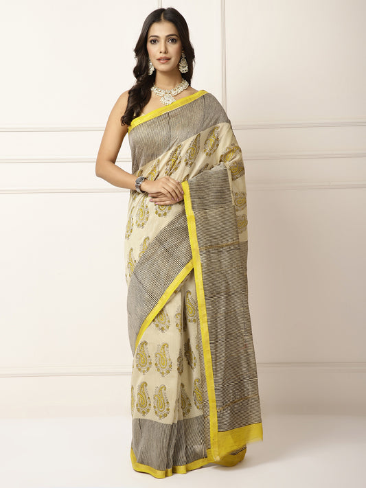 Chanderi Saree- Stripes and handblock