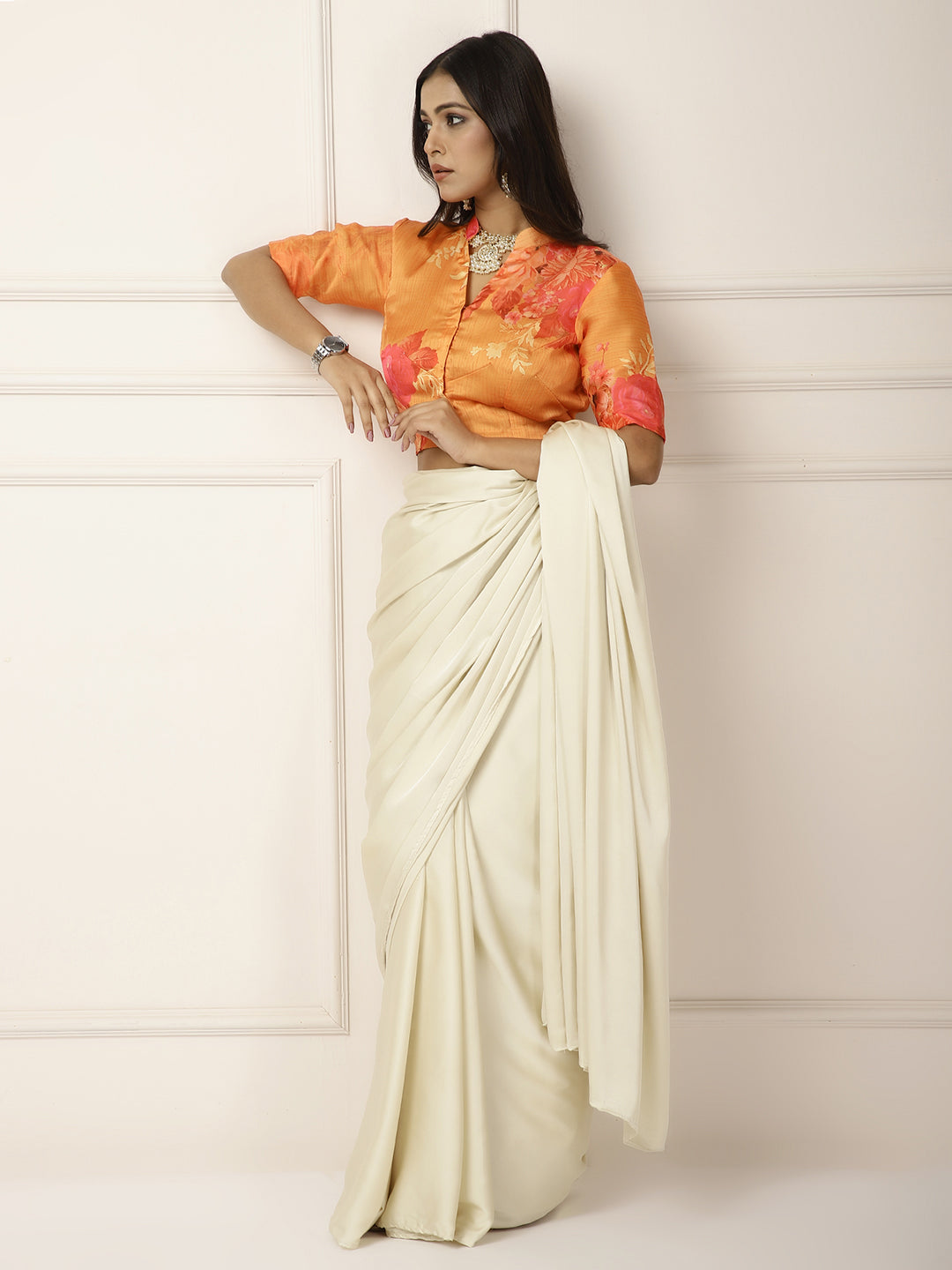 Power Dressing- moonlit creme Saree- One Saree with 2 Blouse Peices