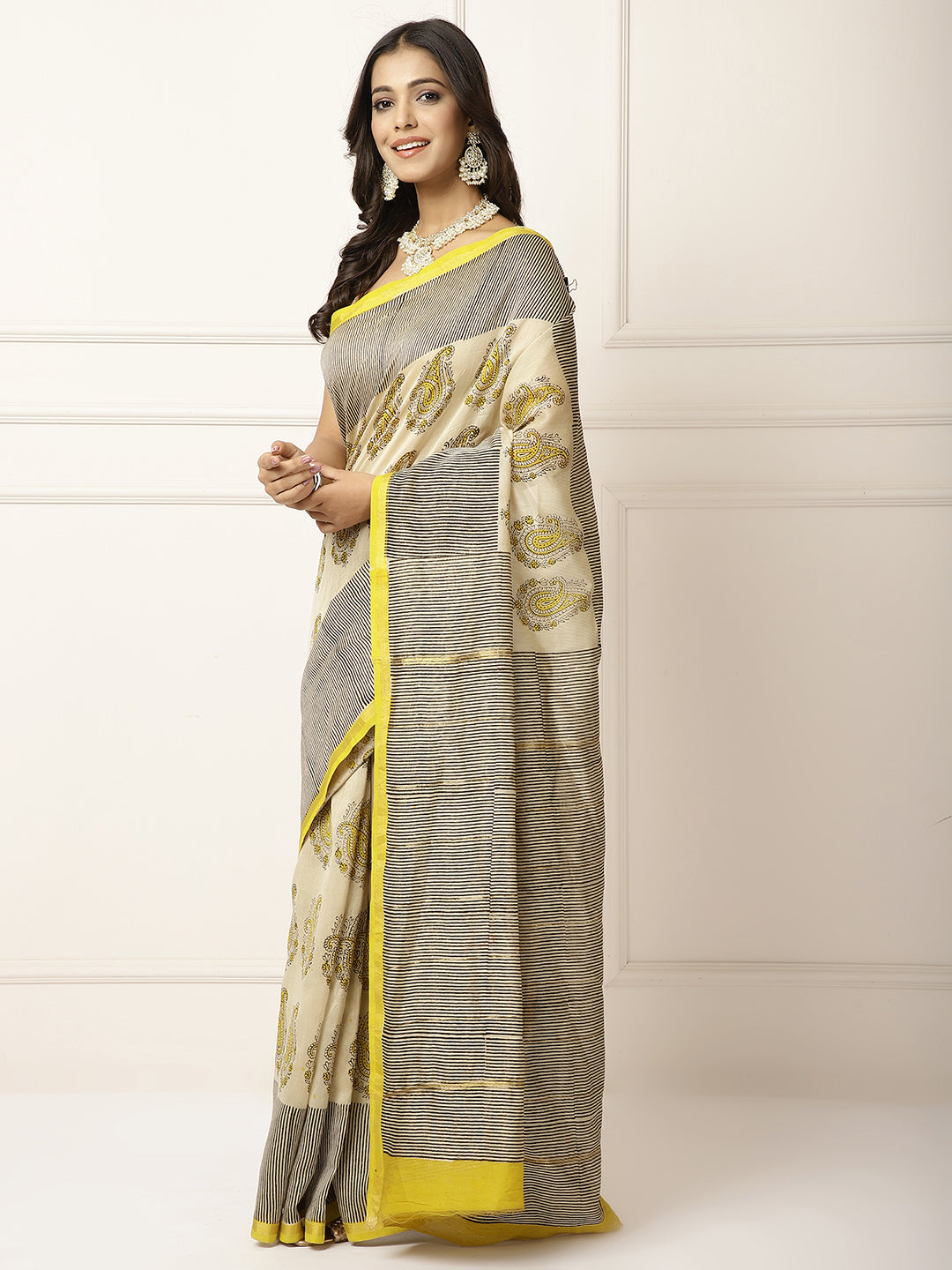 Chanderi Saree- Stripes and handblock