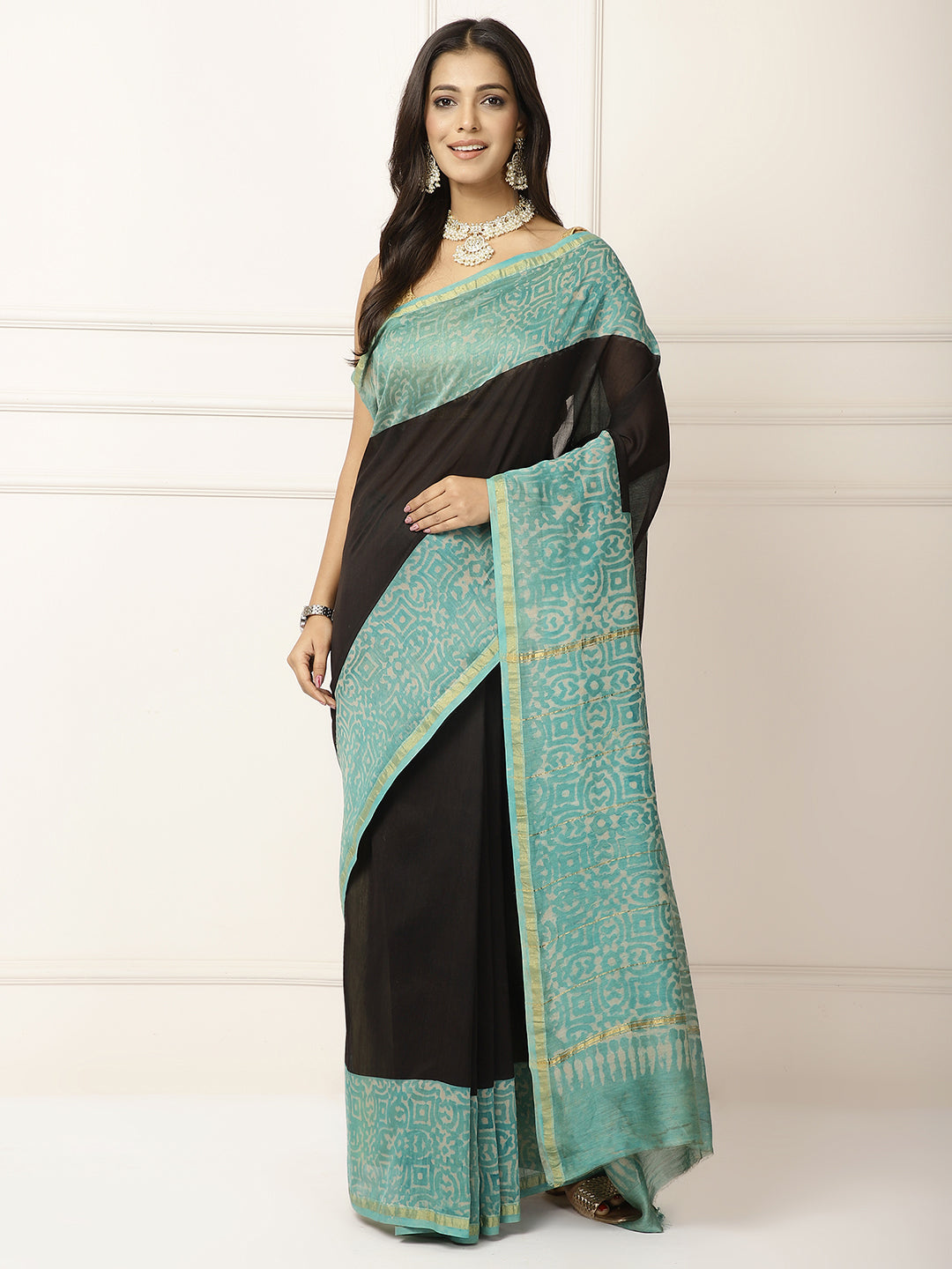 Chanderi Saree- Black with ferozi border