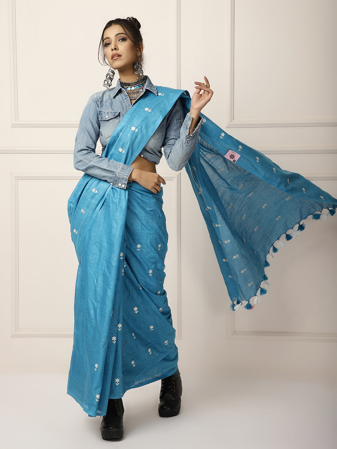 Linen silk sarees with beautiful white embroidery