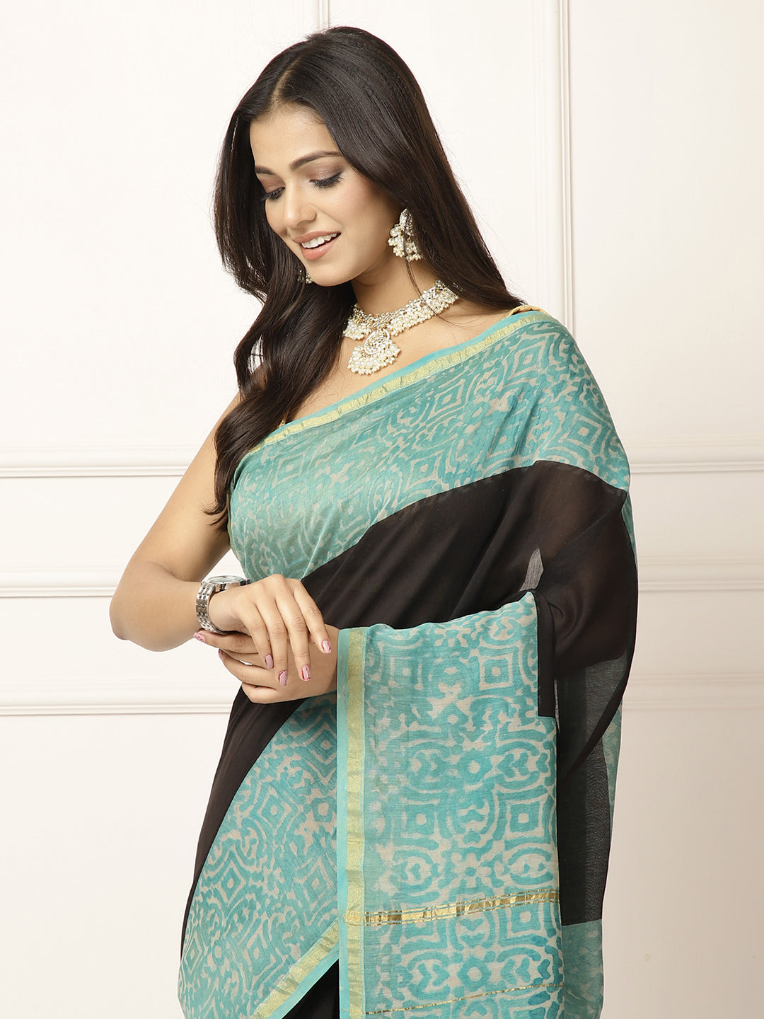 Chanderi Saree- Black with ferozi border