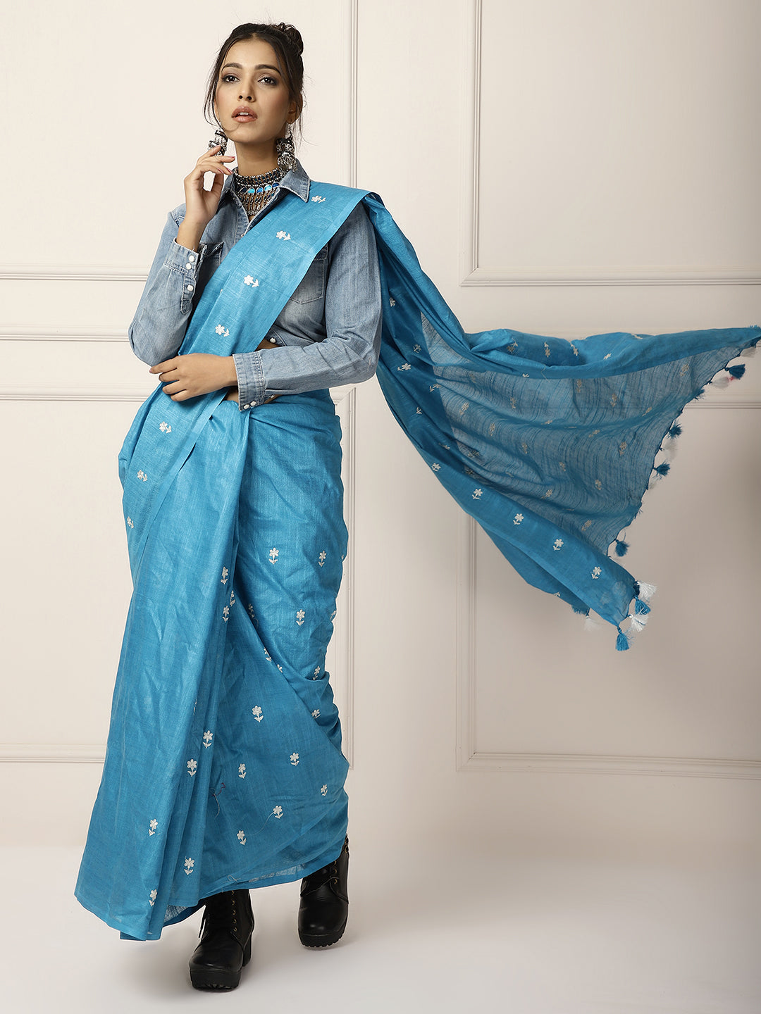 Linen silk sarees with beautiful white embroidery