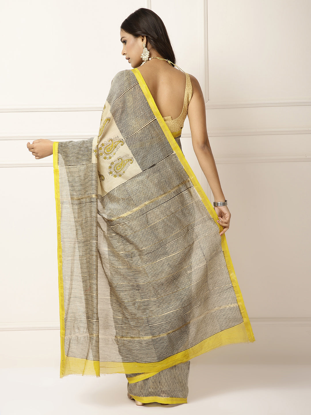Chanderi Saree- Stripes and handblock