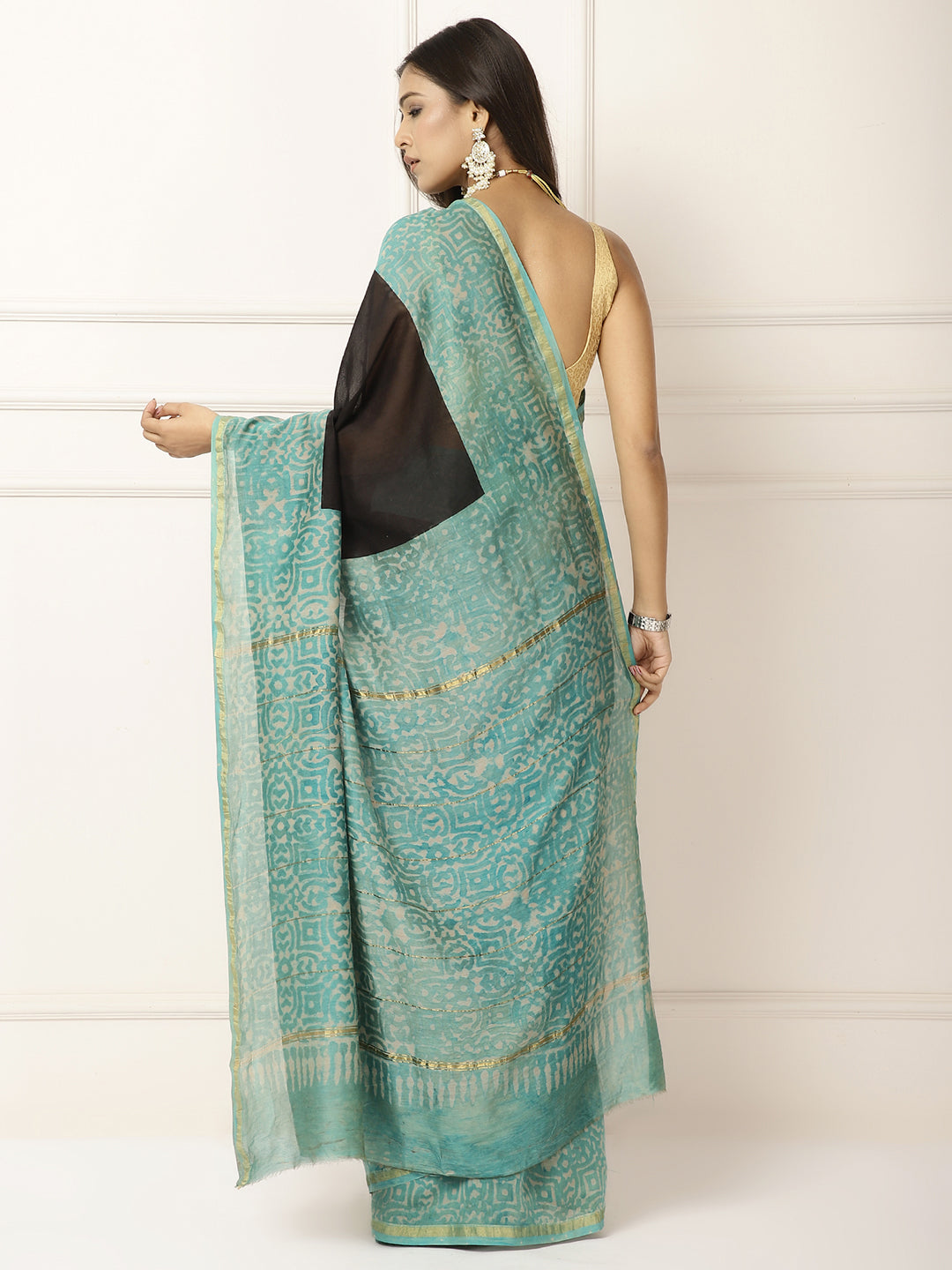 Chanderi Saree- Black with ferozi border