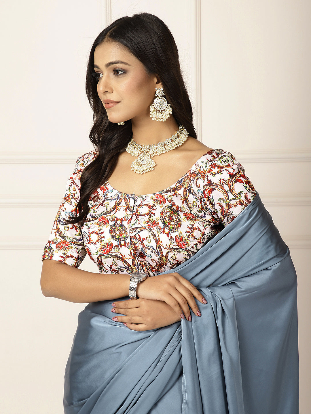 Power Dressing- Blue Grey Saree-One Saree with 2 Blouse Peices