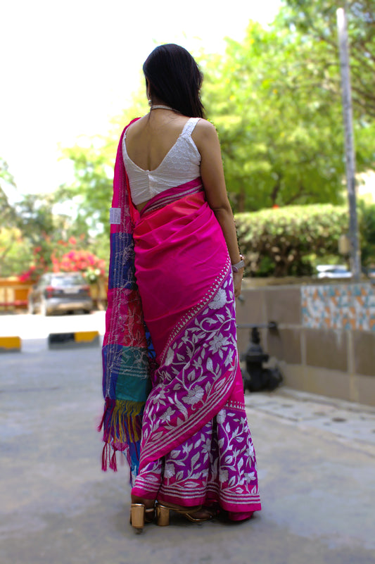 Malai silk Kantha work saree