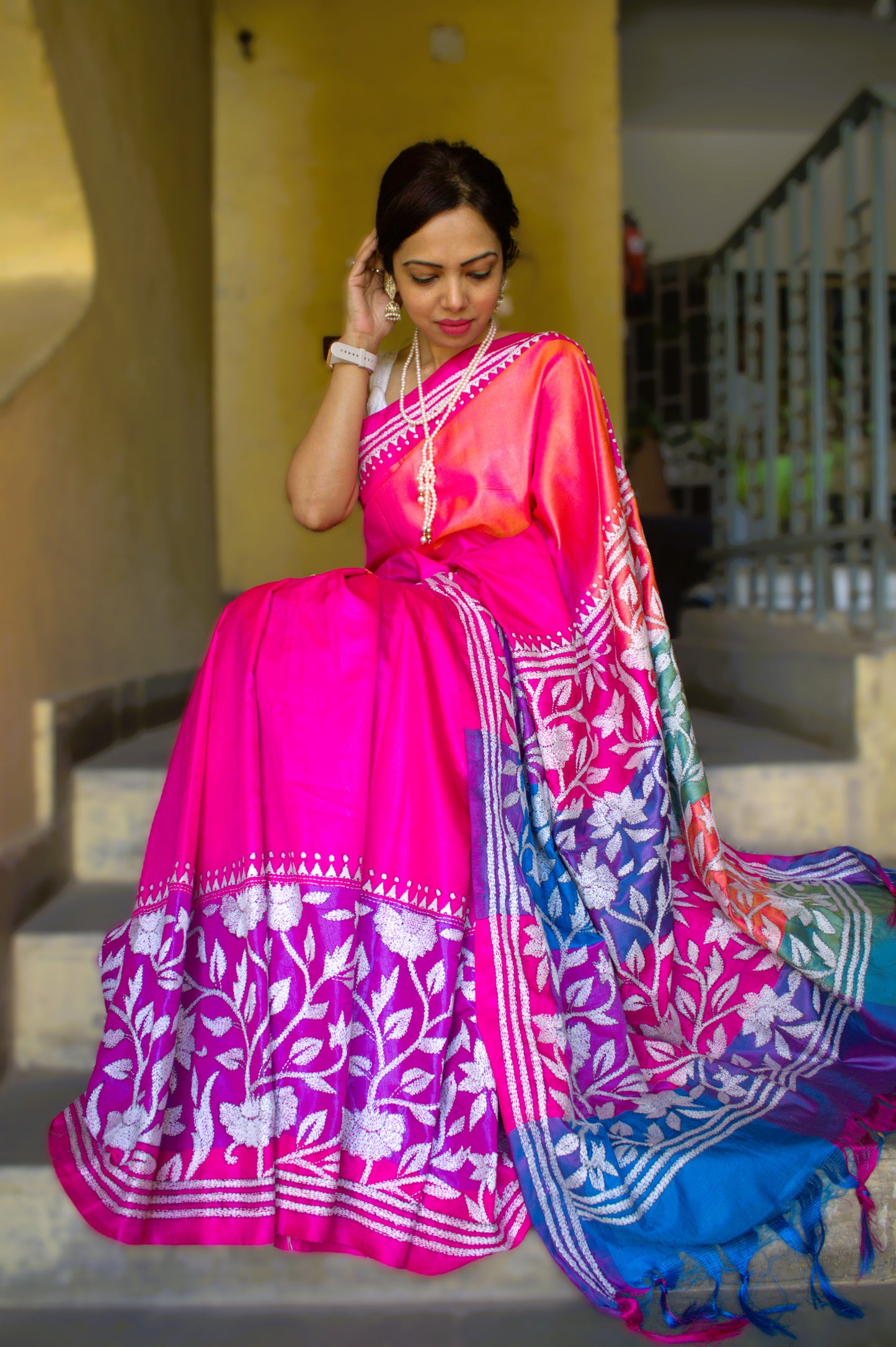 Malai silk Kantha work saree