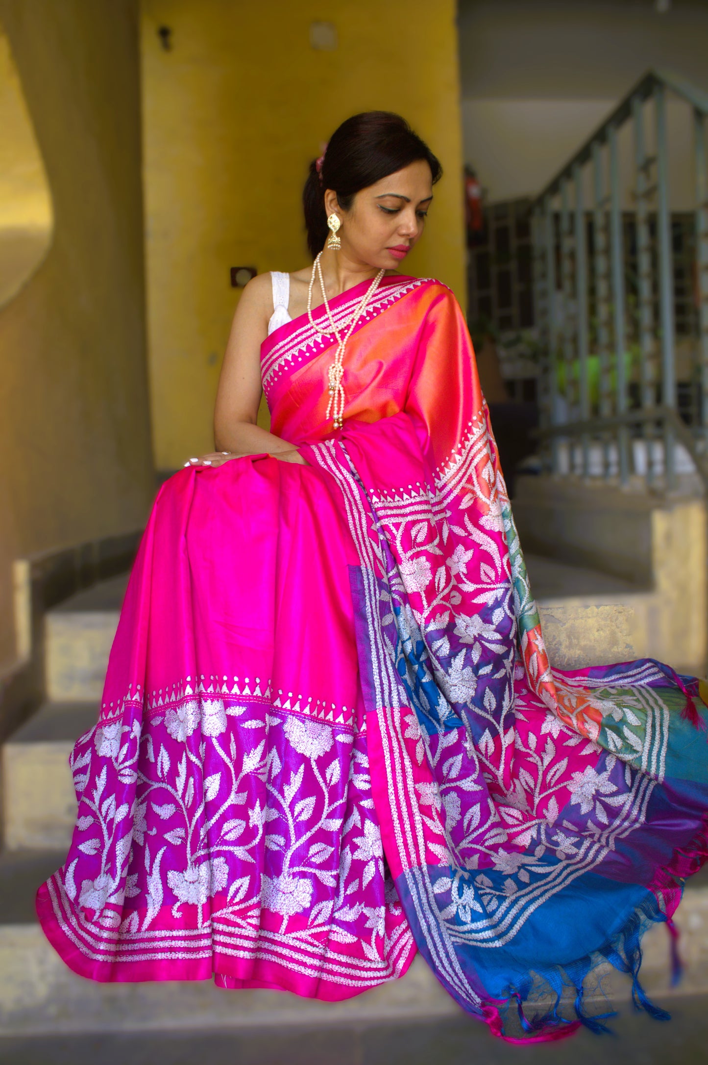 Malai silk Kantha work saree