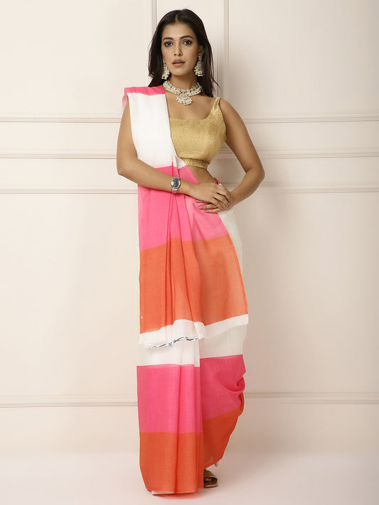 Linen Sarees with large Pink stripes