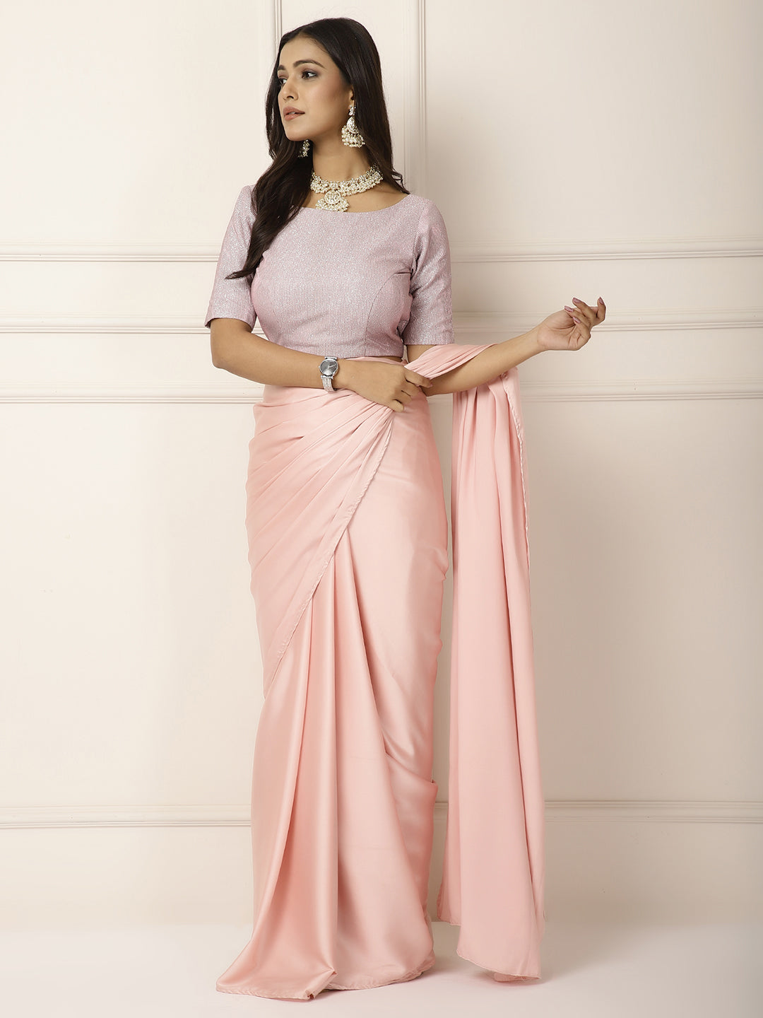 Power Dressing- Baby Pink Saree-One saree with 2 Blouse Peices