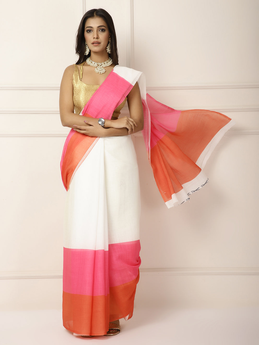 Linen Sarees with large Pink stripes