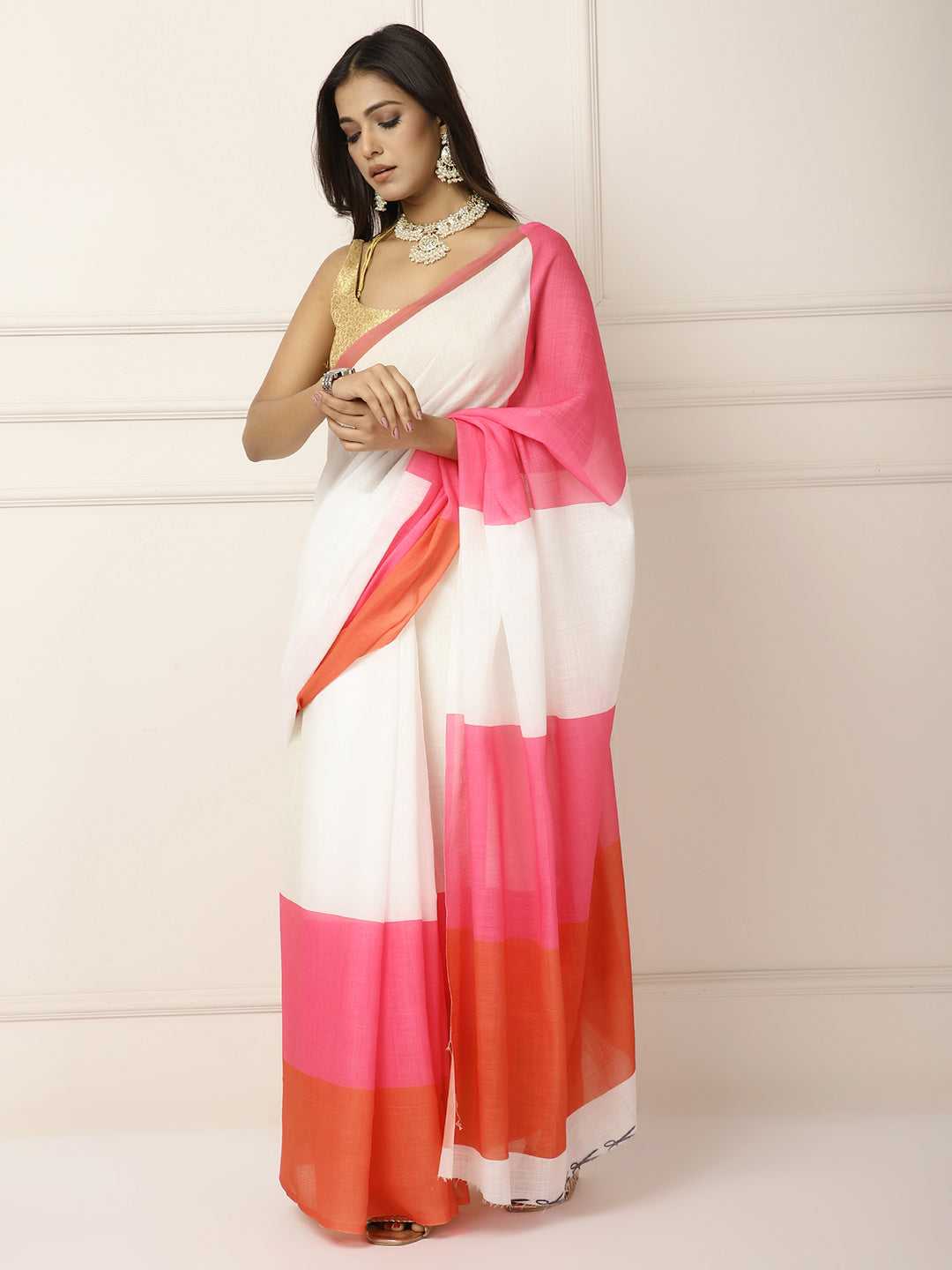 Linen Sarees with large Pink stripes