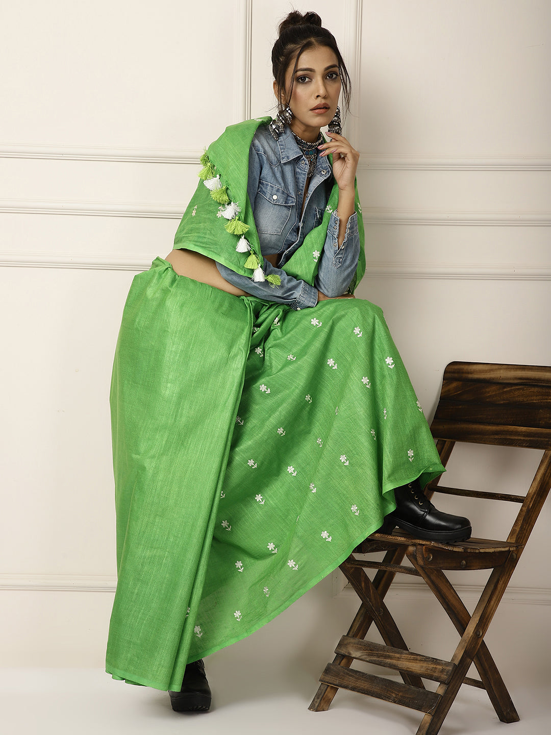 Linen silk sarees with beautiful white embroidery
