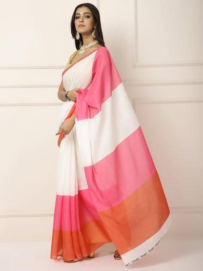 Linen Sarees with large Pink stripes