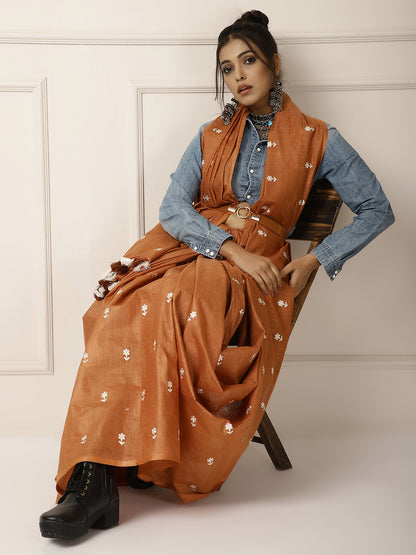 Linen silk sarees with beautiful white embroidery