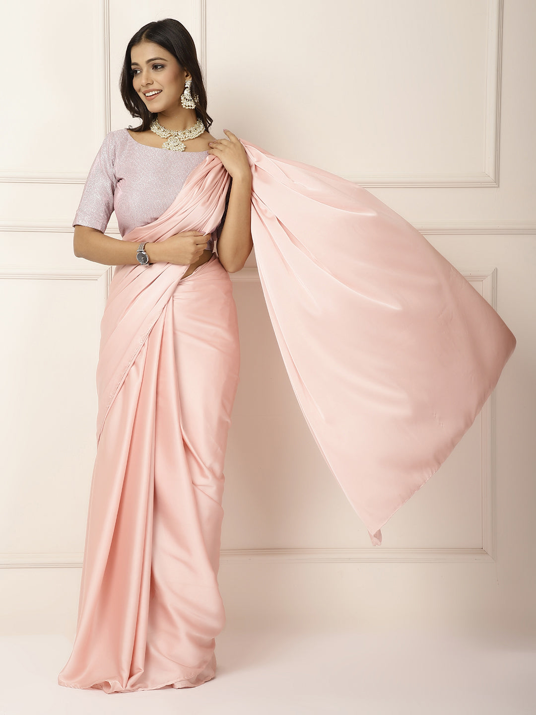 Power Dressing- Baby Pink Saree-One saree with 2 Blouse Peices