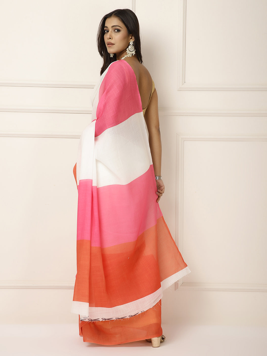 Linen Sarees with large Pink stripes